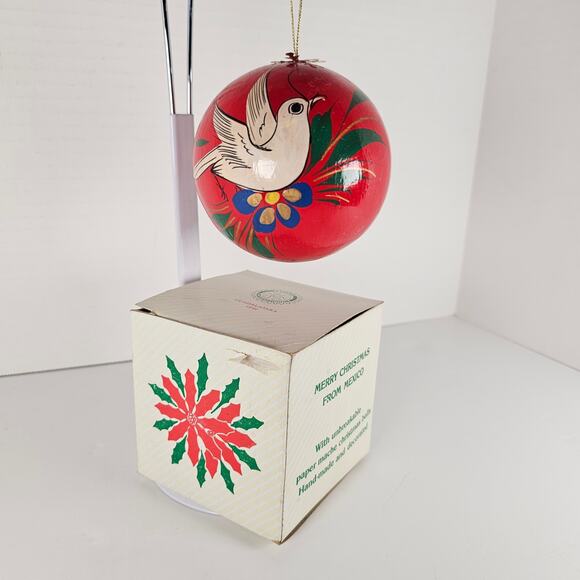 1991 Rotary Mexico Paper Mache Christmas Ornament Dove Red 3" w/ Box Holiday - Picture 4 of 14